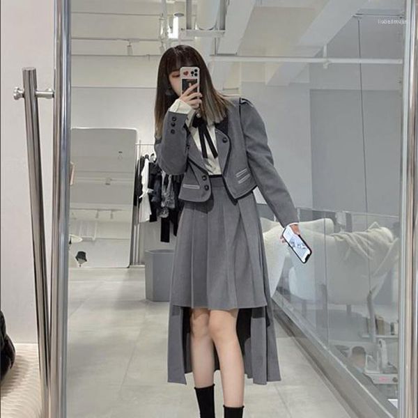 

clothing sets women's elegant harajuku style school uniform short + high waist irregular pleated skirt 2021 suit jacket autumn retro1, White