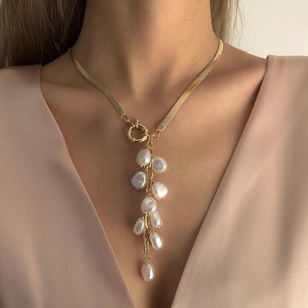 

chokers fashion imitation pearl tassel necklace for women flat bladesnake chain choker party jewelry accessories, Golden;silver