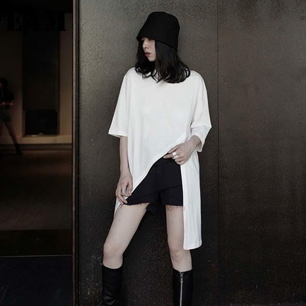 

eam] women white hem vent irregular big size t-shirt new round neck half sleeve fashion tide spring summer 2021 1w2950