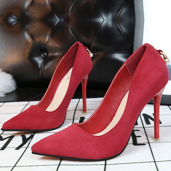 

740-6 (special offer) korean fashion womens shoes stiletto heel suede shallow mouth pointed toe pearl shoes, Black