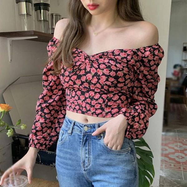 

chiffon shirts women sweet wild floral print off shoulder blouses slash neck long sleeves shirts blouses, White