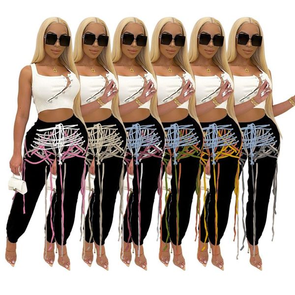 

women's pants & capris women black with strings fashion streetwear autumn winter leggings high waisted long irregular cross straps trou, Black;white