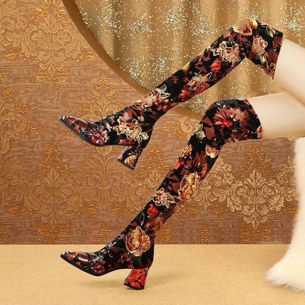 

boots retro high-heeled over-the-knee womens flower stretch boot ethnic pointed thick female autumn winter thigh high, Black