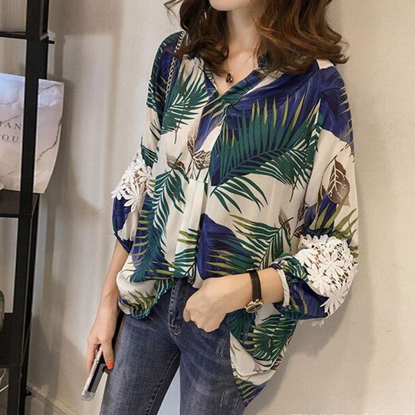 

women vintage floral v neck blouses long sleeve loose shirts lace patchwork casual plus size blusas femininas european 4xl, White
