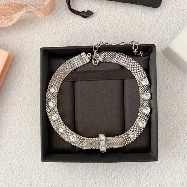 

chains miu 21 mesh retro three-dimensional bow crystal hollow light luxury high-end short chain necklace all-match, Silver