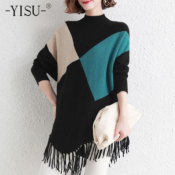 

yisu women winter sweater half turtleneck stitching color jumper fringed edge long sleeve winter loose knitted pullover, White;black