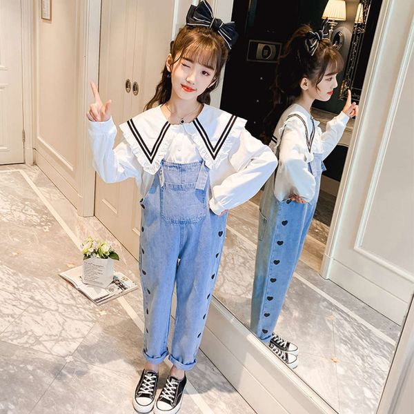 

style girls' net red denim western suspenders suit lapel lace shirt two piece korean children's spring dress, Blue