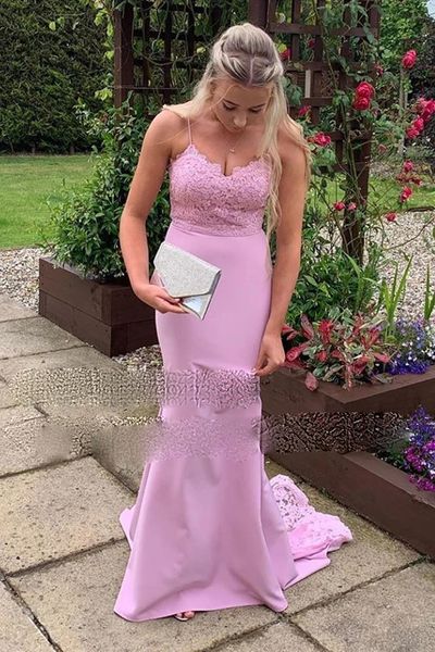 2022 Pink Sirena Dress Prom Abiti Lunghi Pizzo Top e Satin Gonna Applique Pizzo Sweep Sweep Train Abito da sera Spaghetti Strap Chic Rochii