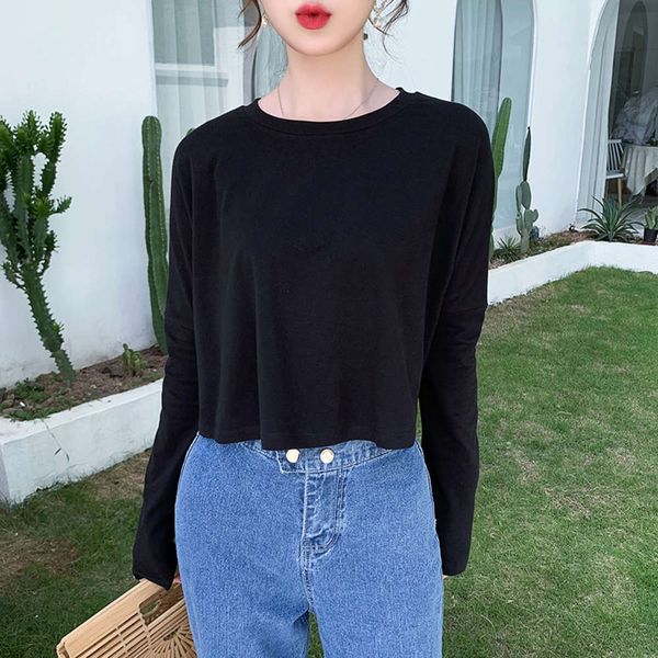 

autumn black round neck long sleeve women's korean version loose high waist exposed navel cotton versatile t-shirt bottom coat, White