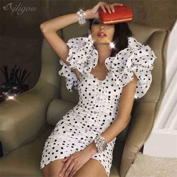 Hohe Qualität Rüschen Polka Dot V-ausschnitt Mini Kleid Frauen Elegante Party Halter Sexy Enge Vestidos 210525