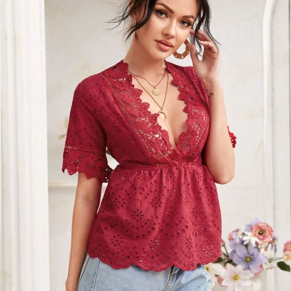 

new 2021 fashion summer short sleeve red pink blouse v neck baby doll shirt lace embroidery ruffle boho for women c46 5mll, White