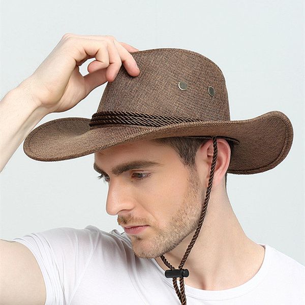 

wide brim hats cowboy's large brimed travel cap with drawstring summer outdoor dome western crimping straw hat, Blue;gray