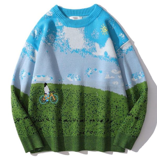 

men's sweaters embroidered blue sky and white clouds ugly men hip hop tie dye color matching sweater woman fall street knit pullover, White;black