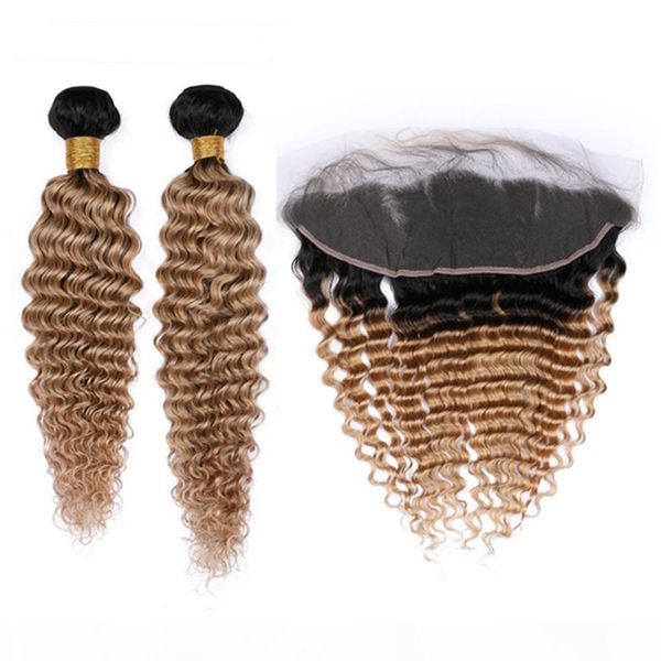 

#1b 27 honey blonde ombre deep wave 2bundles malaysian hair and frontal light brown ombre wavy human hair weaves with lace frontal 13x4, Black;brown