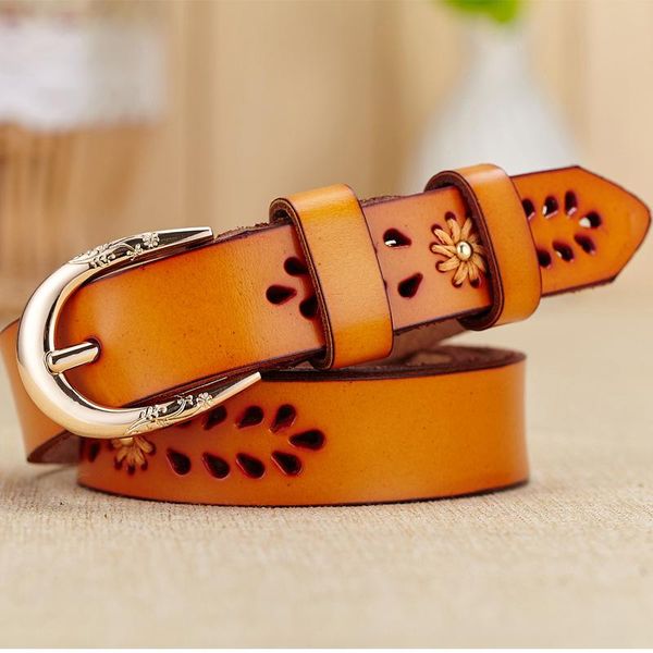 

belts genuine leather women's belt female wild casual embroidery flowers jeans cowhide hollow pure color waist, Black;brown
