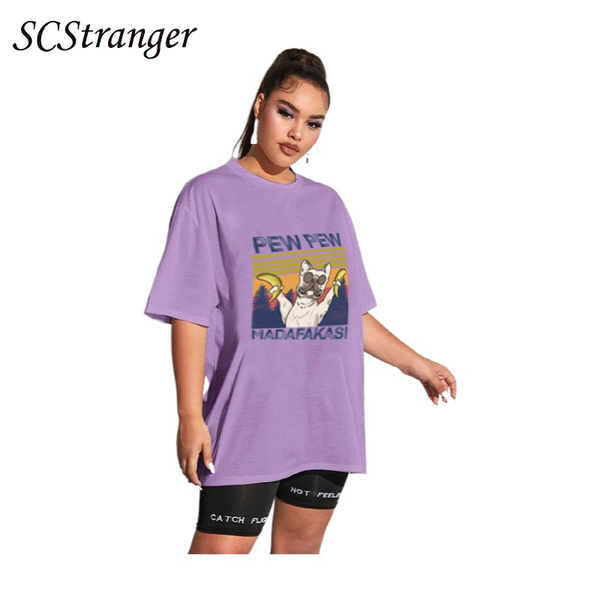 

plus size t-shirt scstronger summer ladies puppy print pure cotton fashion large loose round neck pullover blusas mujer de moda 2021