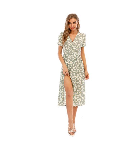 

summer v-neck little daisy floral medium length dress women, Black;gray