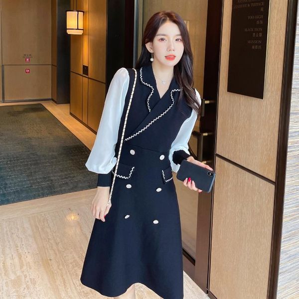

casual dresses knitting party girl summer stitching long sleeve clothing a-line office lady knee-length houthion, Black;gray