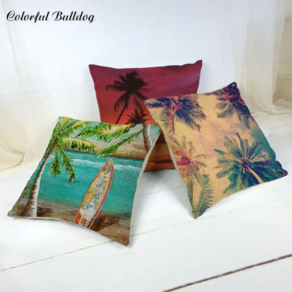 

watercolor tropical style coconut tree seaside scenic cushion case farmhouse 17 linen houseware decor palm trees pillow