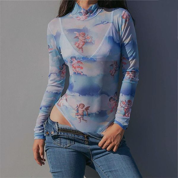 

bodysuit mujer bodycon womens jumpsuit long sleeve club angel print body suit high neck streetwear, Black;white