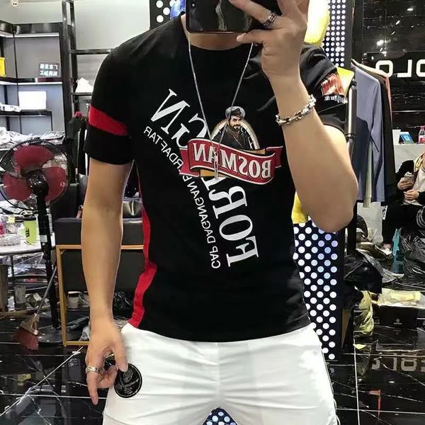 

2022 summer new men's t-shirts western popular printing pattern mercerized cotton youth fashion handsome streetwear male black white m-, White;black