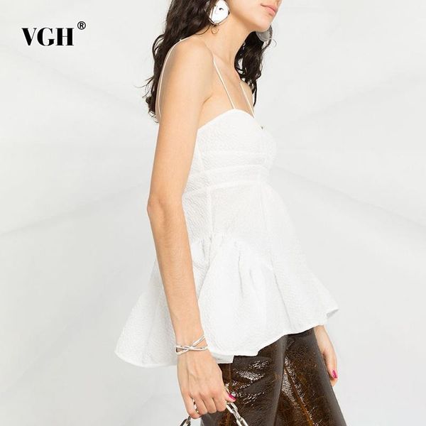 

women's tanks & camis vgh temperament solid vests for women square collar sleeve korean elegant loose females 2021 summer fashion cloth, White