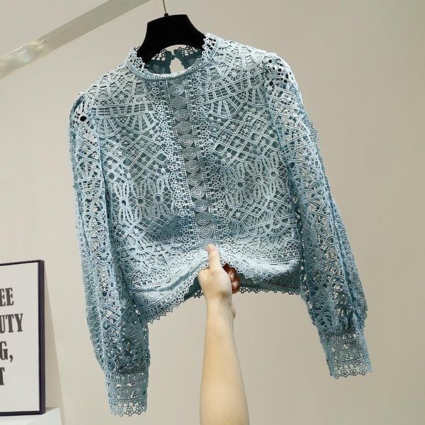 

women's lace shirt new crocheted hollow-out long-sleeved lace blouse 2021 autumn design elegant sweet lady blusas mujer, White