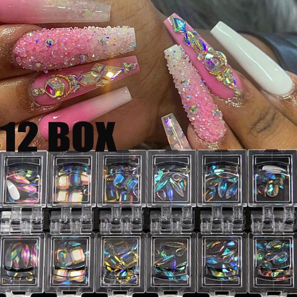 

nail art decorations 12 grids rhinestones gems mixed 3d diy flatback glitter diamonds crystal tips charms fancy shaped, Silver;gold