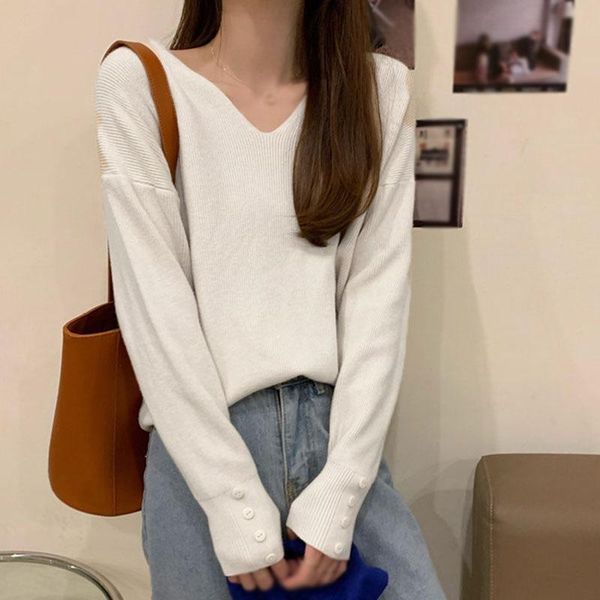

women v neck bottoming shirt spring autumn casual loose versatile sweater pullover female inside knitwear jumper for femme, White;black