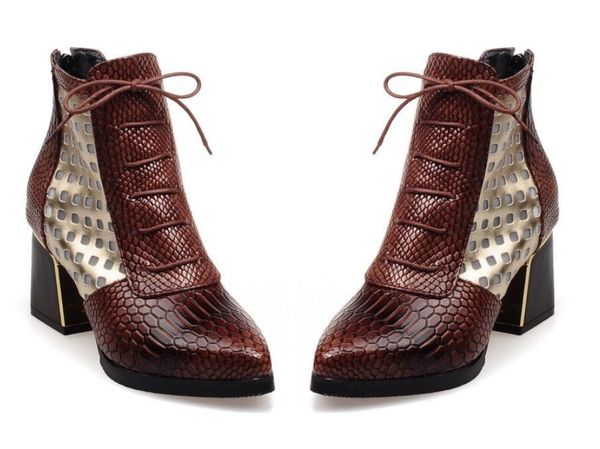 

boots fashion ankle boot snake print cross tie hoof high heels short pointed toe spring shoes winter woman shoe, Black