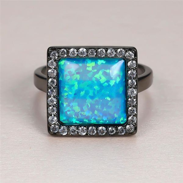 

wedding rings luxury male female blue opal charm 14kt black gold for women men vintage square crystal engagement ring, Slivery;golden