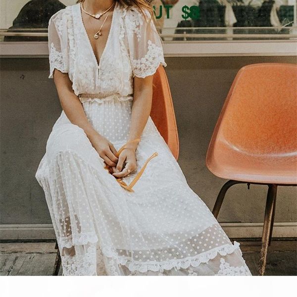 

hollow out white women long criss cross semi-sheer plunge v-neck short sleeve lace maxi dress y200805, Black;pink