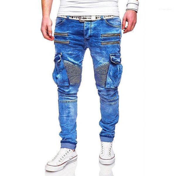 

men's jeans mens style casual zipper and multi pocket denim trousers men1, Blue