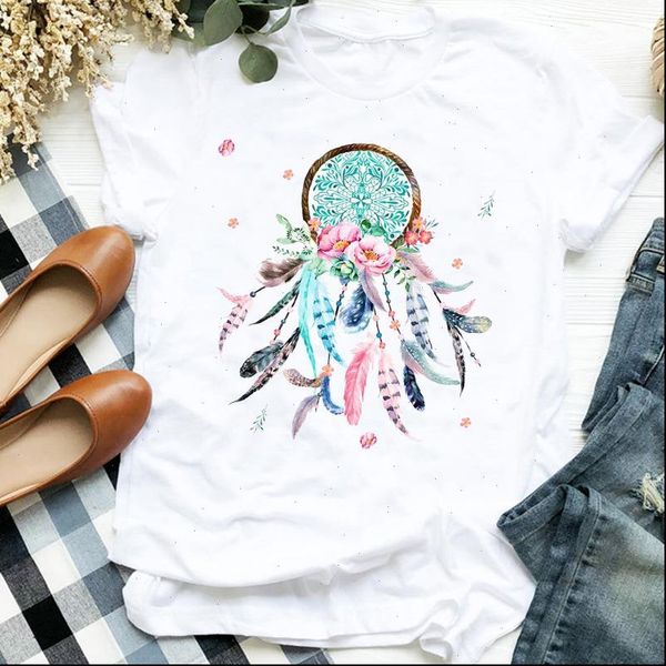 

women lady feather cute 90s clothing floral print casual t tee womens tshirt female shirt clothes graphic t shirt, White