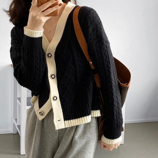 

women's knits & tees twist knitted cardigan women 2021 autumn short v-neck contrast stitch sweater white black jacket outerwear