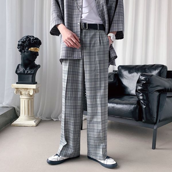 

2021 new men's plaid business casual stripe blazer suits loose formal wide leg pants grey/khaki social trousers s-xl ixts, Black