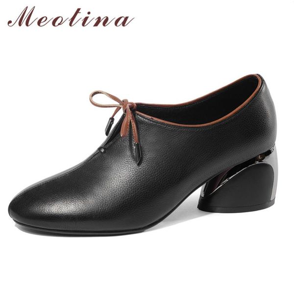 

meotina high heels women shoes natural genuine leather strange style high heel shoes lace up round toe pumps lady autumn size 41, Black