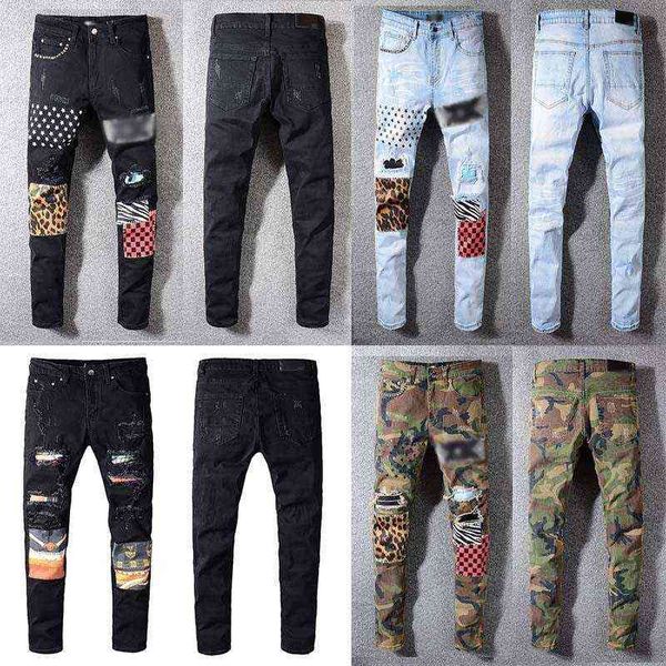 abbigliamento classico jeans per uomo e donna con stampa di alta qualità stampa leopardo verde militare distruzione hip-hop strappato da uomo