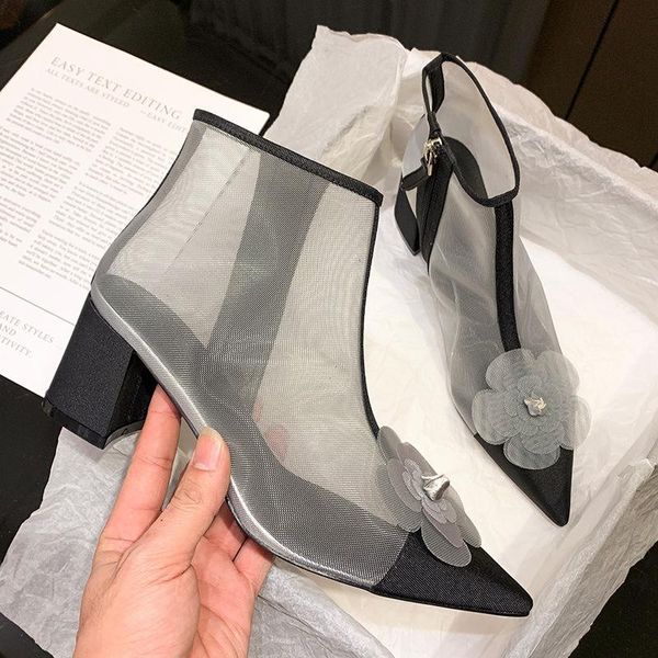 

boots fashion women lady mesh net black poined toes flowers zipper chunky high heels shoes short ankle pumps