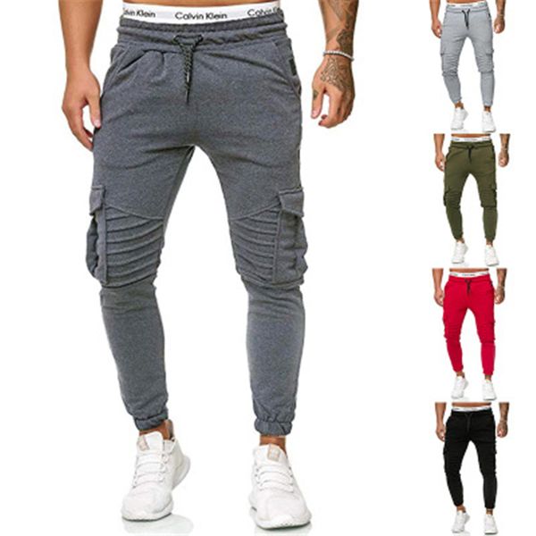 

mens solid colors sports pants fashion trend fitness low waist skinny sweatpants spring male new pocket drawstring casual slim trousers, Black