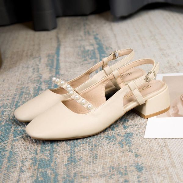 

sandals pearl square toe female summer shoes woman mid-heel all-match fairy style thick heel mary jane hook loop 2022, Black