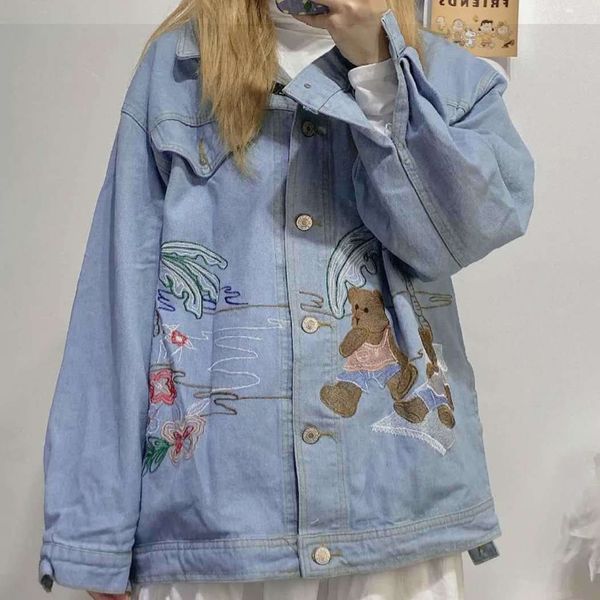 

2021 new deeptown bordado jean outono inverno coreano do vintage roupas de moda para mulheres algodo solto jaqueta casual guzd, Black;brown