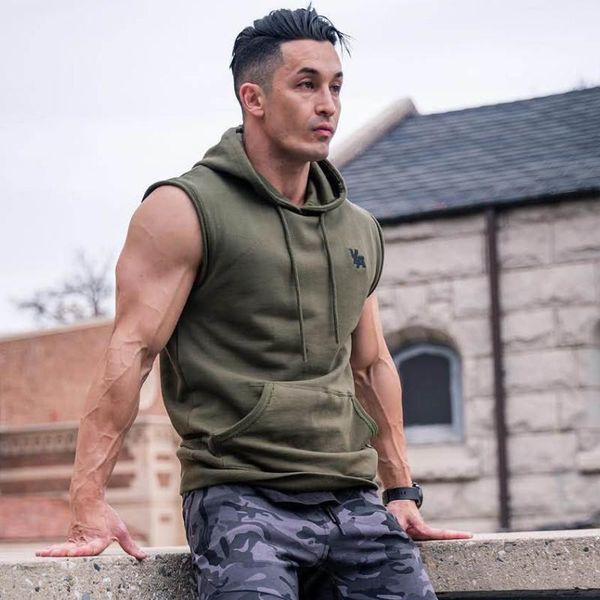 

men' tank men fitness summer gyms hooded bodybuilding muscle workout sleeveless brand cotton vests sweatshirt sportswear, White;black