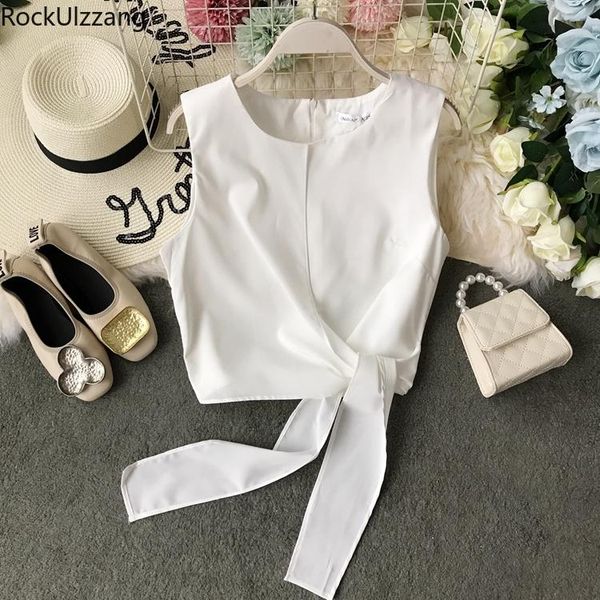 

women's blouses & shirts summer sleeveless solid side wrap bow back zipper chiffon elegant blouse women korean crop tee shirt simpl, White