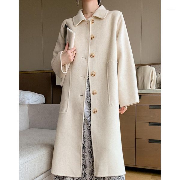 

women's wool & blends 2021 autumn 100% coat women long korean style outerwear double-sided woolen coats female winter clothes wpy4241, Black