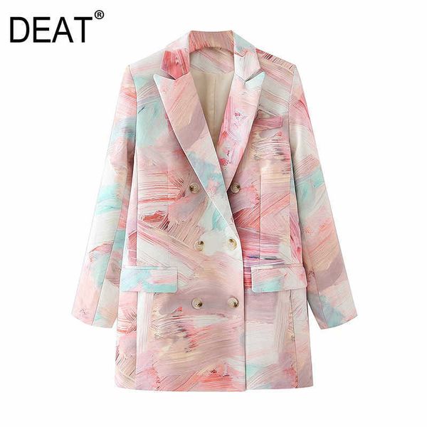 

[deat]women printed mixed color double breasted blazer lapel long sleeve loose jacket fashion spring autumn 13t870 210527, White;black