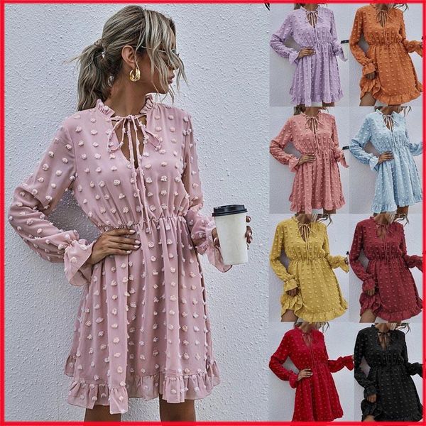 

casual dresses spring women high waist v neck beach dress ruffle long sleeve lace up a line sweet robe femme vestido, Black;gray