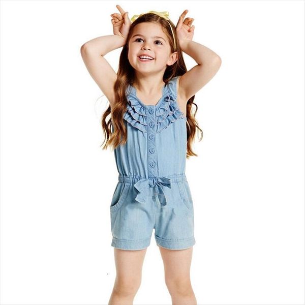 

kids girls clothes denim blue cotton washed jeans sleeveless bow jumpsuits 0 5year, White