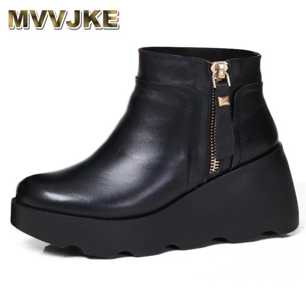 

boots mvvjke women winter shoes genuine leather natural wool brand ankle with platform heel, Black