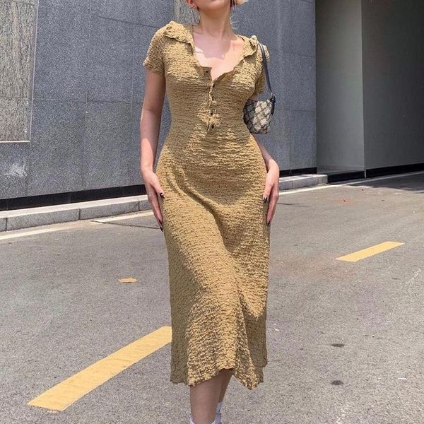 

casual dresses 2021 women's summer light mature intellectual v-neck button waist dress slim personalized texture fabric, Black;gray